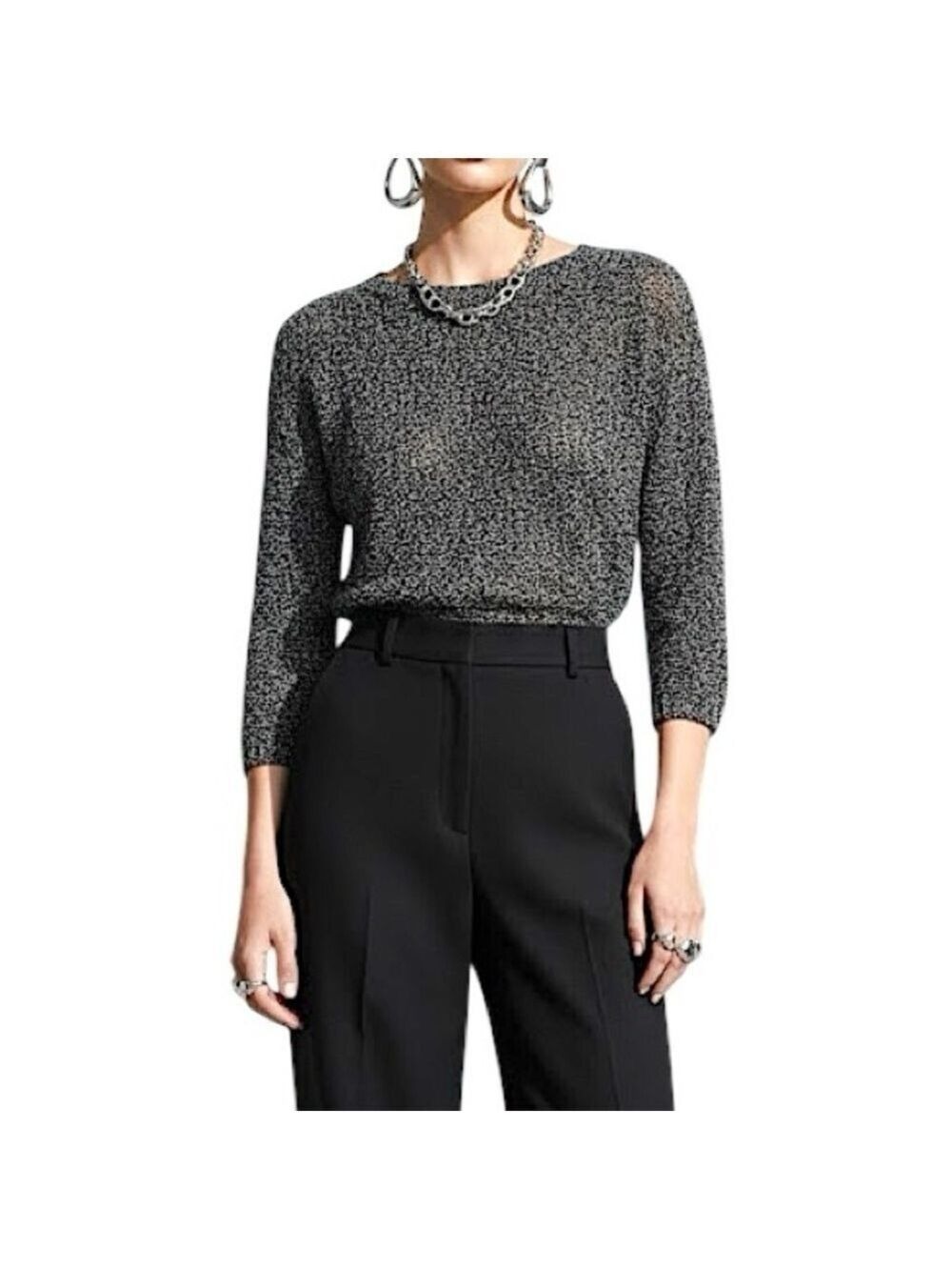 Uniqlo 100% linen open knit black white marl 3/4 sleeve sweater M